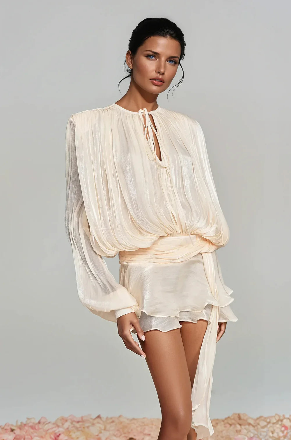CELESTE BALLOON SLEEVE RUCH RUFFLE MINI DRESS