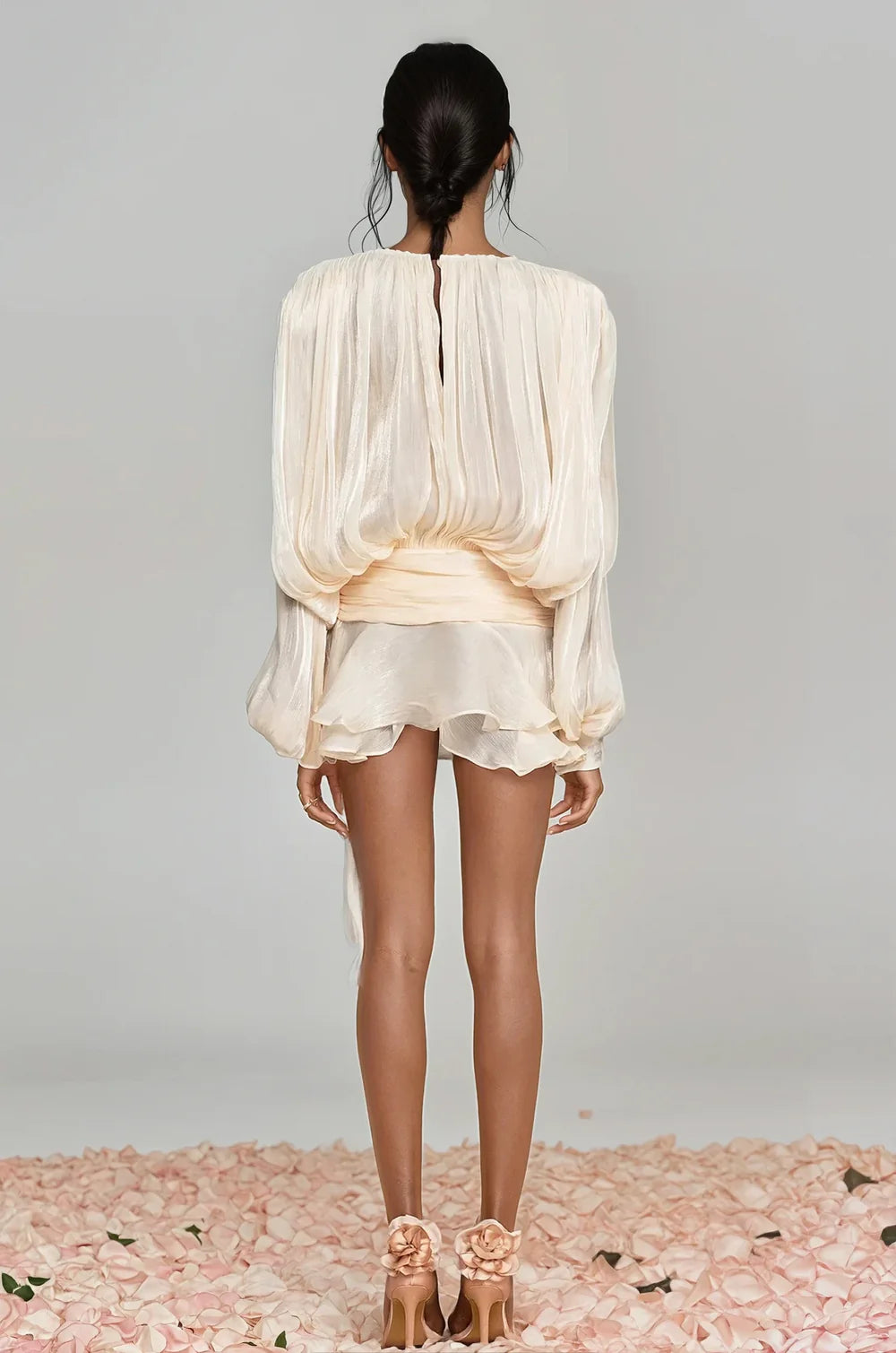 CELESTE BALLOON SLEEVE RUCH RUFFLE MINI DRESS
