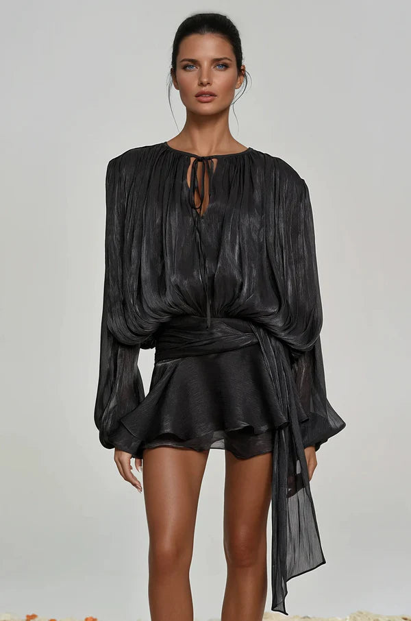 CELESTE BALLOON SLEEVE RUCH RUFFLE MINI DRESS