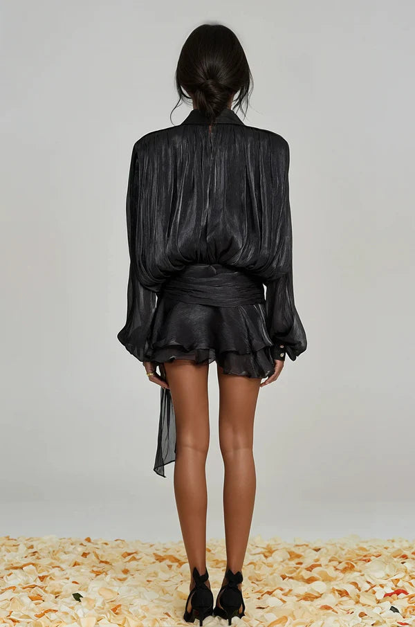 CELESTE BALLOON SLEEVE RUCH RUFFLE MINI DRESS