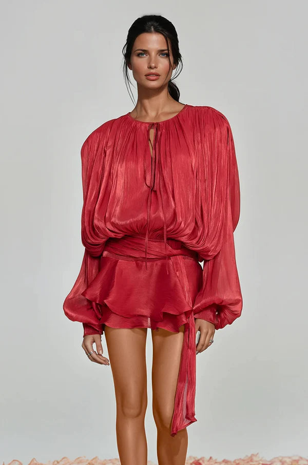 CELESTE BALLOON SLEEVE RUCH RUFFLE MINI DRESS