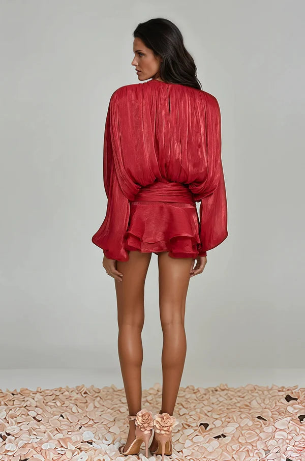 CELESTE BALLOON SLEEVE RUCH RUFFLE MINI DRESS