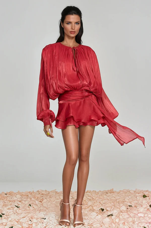 CELESTE BALLOON SLEEVE RUCH RUFFLE MINI DRESS