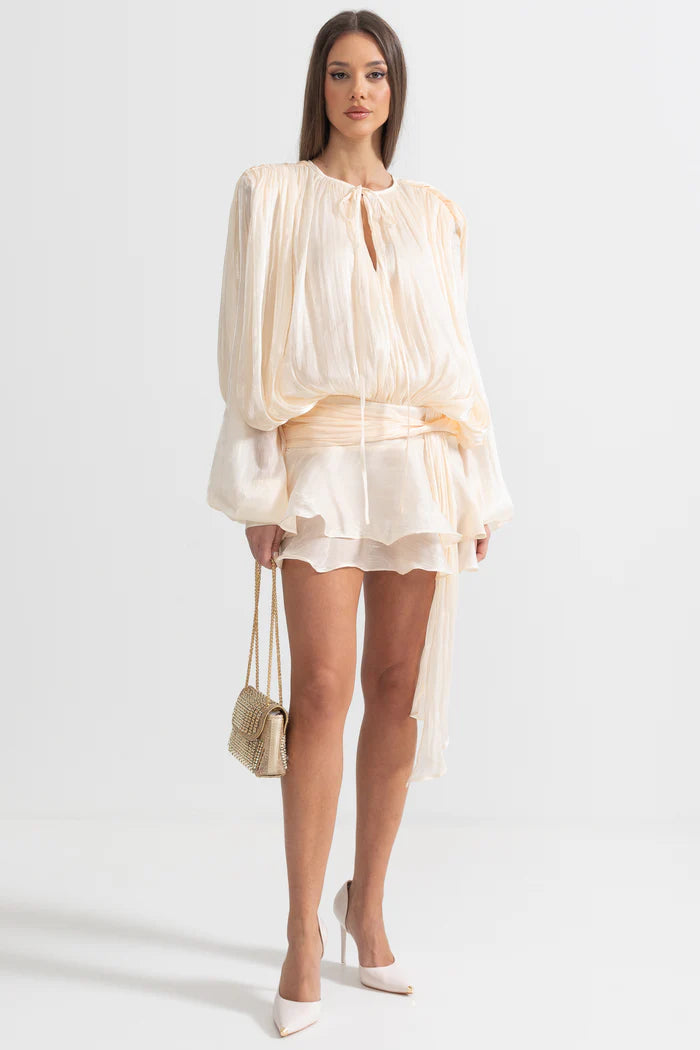 CELESTE BALLOON SLEEVE RUCH RUFFLE MINI DRESS