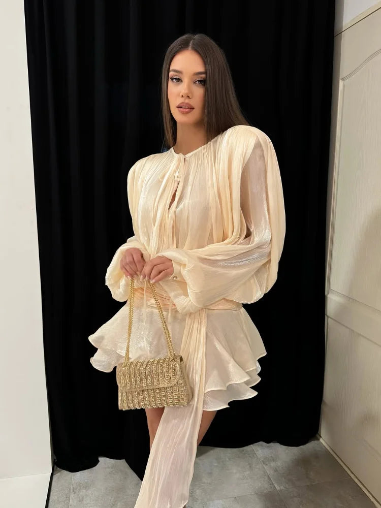 CELESTE BALLOON SLEEVE RUCH RUFFLE MINI DRESS