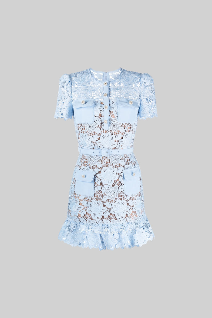 EMBROIDERED FLORAL LACE DRESS - BLUE
