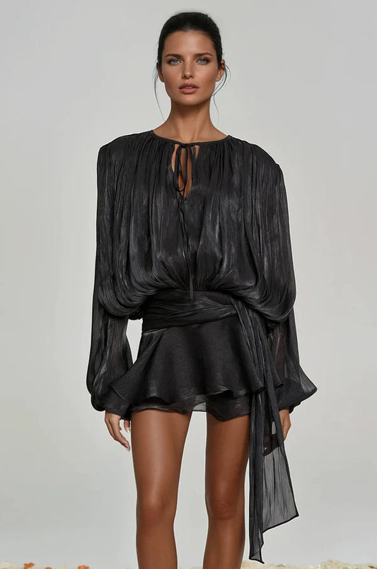 CELESTE BALLOON SLEEVE RUCH RUFFLE MINI DRESS