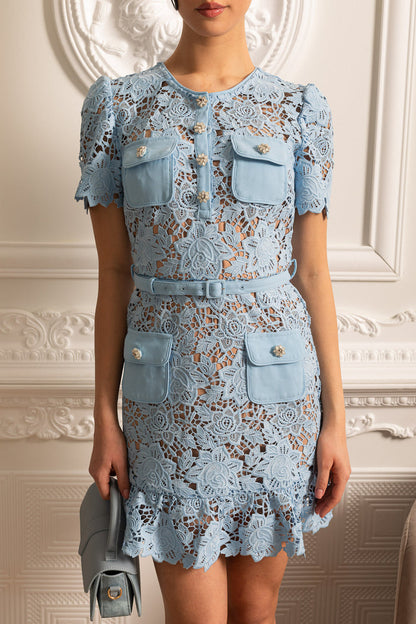 EMBROIDERED FLORAL LACE DRESS - BLUE