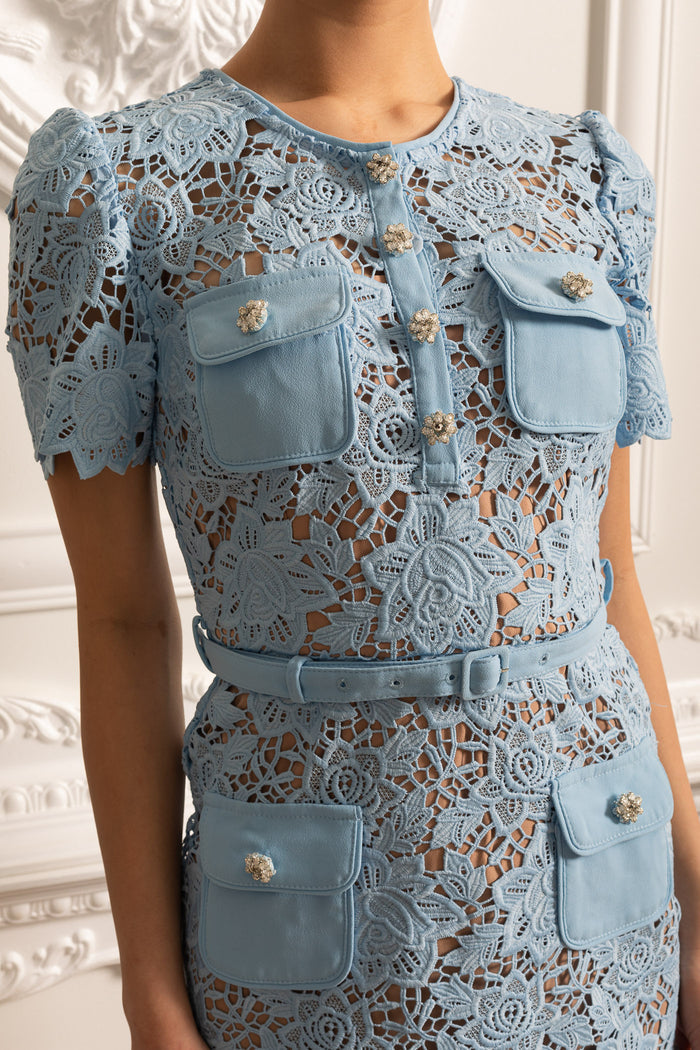 EMBROIDERED FLORAL LACE DRESS - BLUE