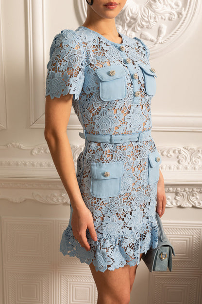 EMBROIDERED FLORAL LACE DRESS - BLUE