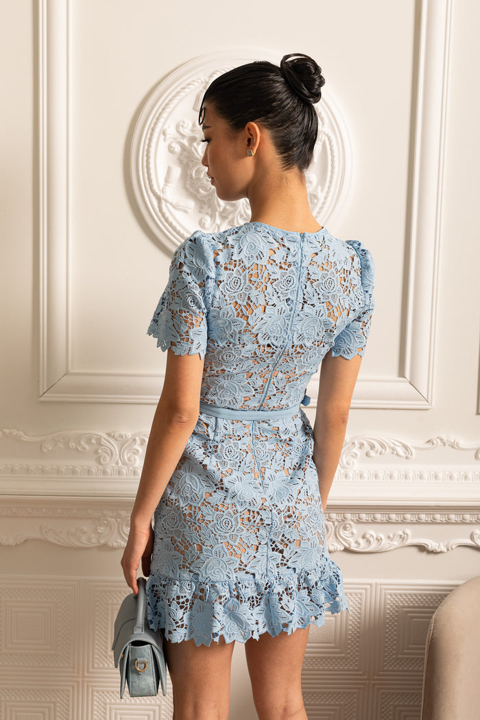 EMBROIDERED FLORAL LACE DRESS - BLUE